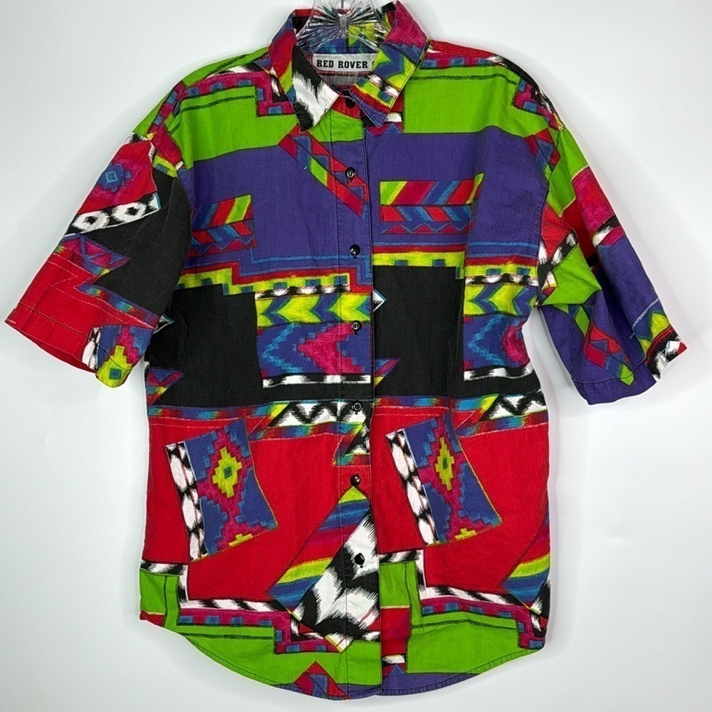 Vintage Red Rover Short Sleeve Button Up Abstract Shirt Size Medium